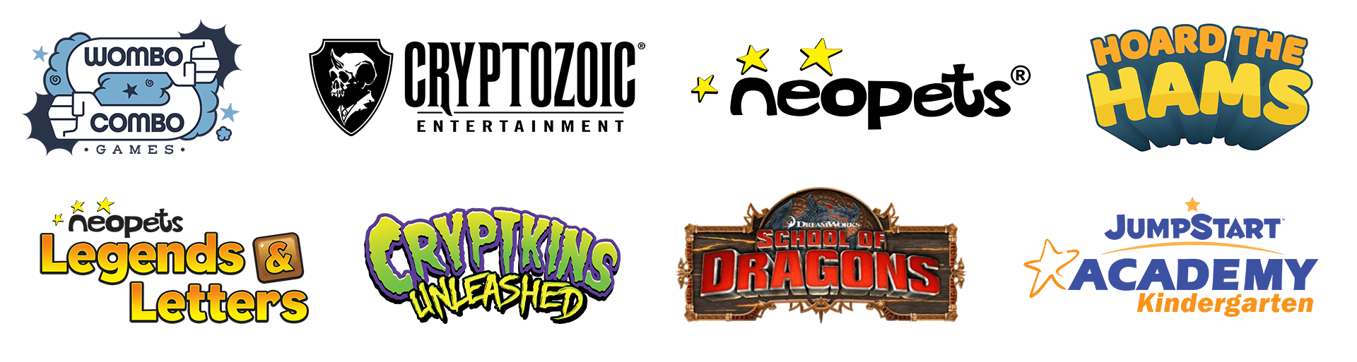logos of previous clients and employers, including Wombo Combo Games, Cryptozoic Entertainment and Neopets
